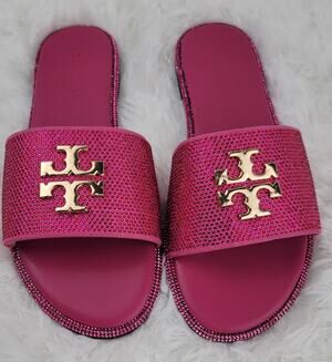 Designer Women Sz 7W 38 Sandals Pink Bling Crystals Gold Logo Tory Slides NIB